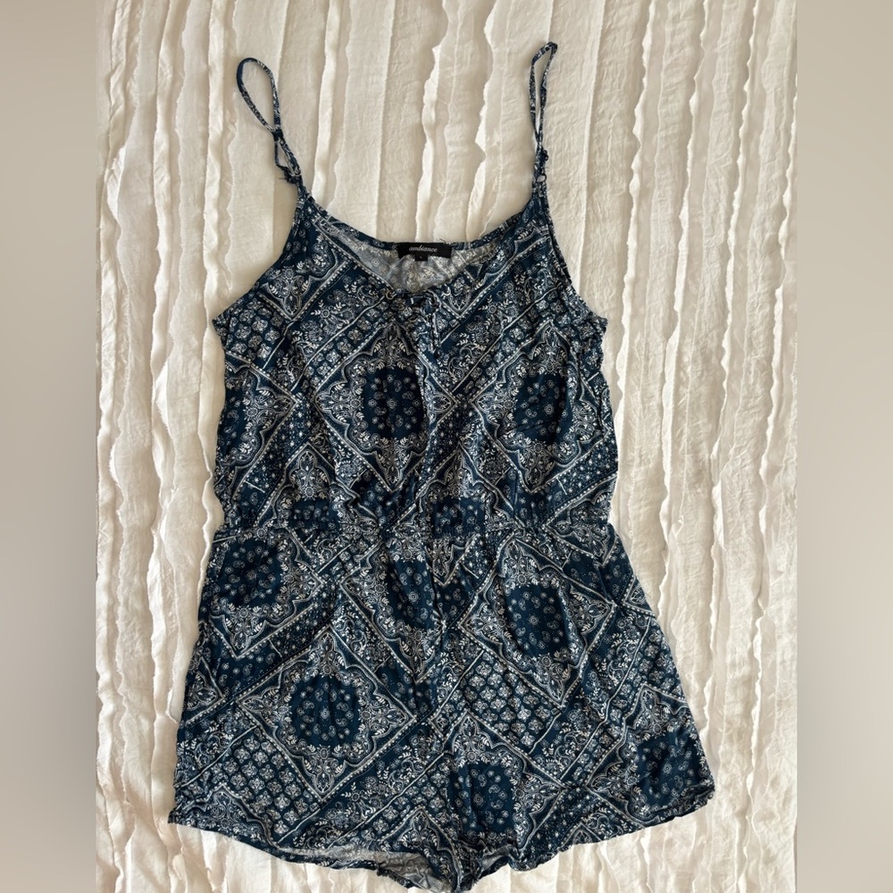 Blue Patterned Sleeveless Romper